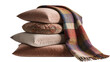 © Maelle - Stack of plush velvet pillows with patterned throw blanket