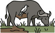 © Mas Komplong - Cartoon Buffalo with Bird on Back Grazing in Green Grass Field