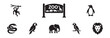 © Roberto_Caravelli - Zoo park signboard and wild animals icon set. Monkey, snake, parrot, elephant, penguin and lion silhouettes. Safari nature reserve and wildlife concept. Vector illustration.