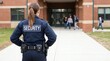 © Azekbt - Vigilant female officer in a dark blue security jacket patrolling a high school exterior.