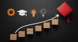 © Kazi - Graduation cap with upward trend graph on blackboard symbolizing academic achievement and career growth during education
