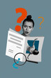 © deagreez - Art image vertical photo collage of minded girl peek newspaper question mark dilemma hesitation ponder question mark thought