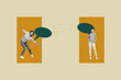 © deagreez - Surreal banner collage of people stand talk with connect speech bubble on yellow background
