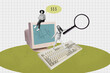 © deagreez - Creative pop poster sketch art collage of happy business girl guy run pc monitor keypad hold magnifier dollar earnings success