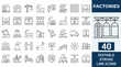 © Kingko - Factories web icons in line style. Production, technology, factory, industry power, manufacture. Vector illustration.