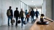 © Vera D - Immigration law court trial with judge gavel and refugees walking with bags in corridor asylum application legal process deportation justice human rights and global migration policy concept