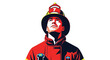 © Ahmad Zaki - Brave Firefighter in Full Uniform Looking Upwards.