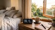 © World Art 2.0 - Digital alarm clock displaying early morning time sits on a rustic wooden nightstand beside a steaming cup of hot tea and a journal in a peaceful sunlit bedroom at dawn.