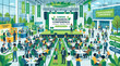 © Simon - Green Business Conference Illustration with People Networking at Sustainability Event Stage and Booths