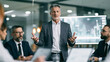© CreativeArt - Mature businessman leading a business presentation, gesturing with hands while addressing diverse colleagues in a modern office meeting room