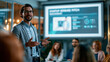 © Julia - Confident presenter standing by projector screen showing a modern startup pitch slide with product mock and key metrics in a business presentation