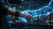 © SHORON - Human hand shaking glowing blue digital robotic arm inside high tech laboratory room with blurred city lights outside.