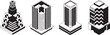 © Kamrun82 - Isometric buildings collection featuring four different modern skyscraper designs with minimalist black and white line art styling.