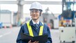 © photostockatinat - A middle-aged Asian man wearing a white hard hat and a blue uniform with a yellow reflective vest, holding a black folder, smiling confidently in a factory setting