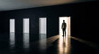 © janzwolinski - Man stands before four doors, one open to bright light, symbolizing choice