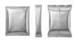 © PNG Lab - Three metallic silver foil flexible packaging mockups, isolated on transparent background