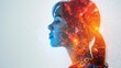 © zuriya - AI technology and woman's silhouette in a double exposure, combining human and machine with text-friendly space.