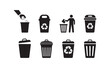 © Joynab - Various trash can icons, including hand putting trash in and recycling bins with symbols.