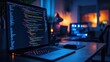© Selasa - Laptop computer showing lines of code in a dark modern home office workspace.