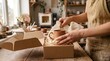 © Saleem - Artisan potter packing handmade ceramic mug in cardboard box in workshop with e commerce packaging handmade workshop shipping business entrepreneur creativity