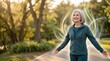 © kitti - Happy senior woman exercising in park with glowing vitality energy waves active longevity concept.