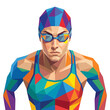 © Djaja - Geometric swimmer, colorful polygon art, determined athlete portrait