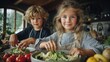 © Vladislav - Children in aprons prepare a fresh salad in the kitchen, mixing vegetables in bowls. Two children learn to cook together, surrounded by colorful vegetables on the table.