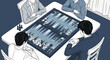© Zazi - Four men playing backgammon and chess strategy board games