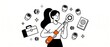 © Dinali - Female mechanic holding wrench illustration with tools, socket set, and toolbox. Minimalist line art vector character representing DIY home repair, manual work, and technical skills on white backgroun
