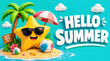 © kayden - Hello summer vector design. Summer text with sun character smiling in beach sand island. Vector illustration tropical season background.
