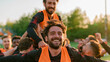 © pattozher - Triumphant Celebration: A joyous soccer team carries their beaming captain on their shoulders after a hard-fought victory, celebrating their collective achievement under the golden sunlight.