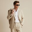© Pete - Stylish man in beige suit and sunglasses. Young male model poses in studio with jacket over shoulder. Fashionable guy wears white shirt and pants. Confident look for summer wear.