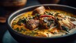 © mytour - Egusi soup with assorted meat and fish on dark restaurant table, warm window light highlighting a rich traditional African food presentation with rustic elegance