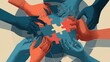 © rini - Hands assemble a puzzle, diverse collaboration, uniting orange and blue hues