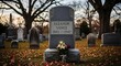 © Aj - Cemetery gravestone with flowers and autumn leaves outdoors at dusk
