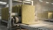 © DigitalSpace - Industrial rotary blade station trimming mineral wool batts vertically with a guillotine mechanism emphasizing controlled cuts and efficiency in insulation board production.