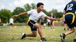 © Oleg - African american teen reaching for yellow flag during outdoor flag football practice on grassy field. Young athlete training with teammates in a competitive youth sports drill.