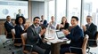 © Dara - A diverse group of professionals celebrate a successful quarter in a modern office. They are seated around a large conference table, applauding and smiling with expressions of joy and accomplishment.