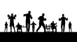 © amran - Silhouettes of office workers exercising at desks with dumbbells and weights. Corporate employees engaging in workplace fitness and health activities on white background.