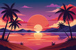 © SHAFAAT - beautiful sunset landscape vector design with palm trees, flying birds and hills