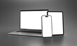 © sdecoret - Modern devices laptop smartphone and tablet silver color. Side view. 3d rendering mockup on clean dark background
