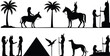 © Arifuxxaman - Ancient Egypt silhouettes vector collection set featuring pharaohs gods pyramid palm trees jackal eagle and people riding horse and donkey isolated on white