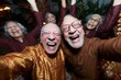 © Ryzhkov - Group of joyful senior adults laughing with arms raised in a garden for senior wellness brochures, retirement living advertisements and community lifestyle campaigns