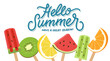 © MDRIEAD - Hello summer seasonal greeting with variety of refreshing fruit popsicles including watermelon kiwi and orange slices summer time popsicle watermelon refreshing greeting seasonal vacation