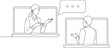 © Rita - Minimalist continuous line art showing two people conducting online meeting through laptop screens for remote discussion.