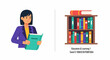 © azjys - A woman in a purple blazer reads a green book beside a bookshelf