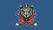 © Apon - Hockey mascot logo of an angry bear wearing a goalie mask with crossed sticks and flames on blue background.