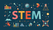 © Merah - A vibrant flat design illustration depicting the STEM acronym surrounded by diverse icons representing science, technology, engineering, and mathematics concepts.