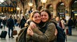 © SerPak - Two women embrace tightly at a busy train station, both visibly emotional and crying. A scene of love and parting in a bustling environment.