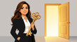 © Abdullah - Professional businesswoman holding a large golden key to unlock a glowing door in a flat vector illustration style, symbolizing corporate growth, finding solutions, and reaching milestones.